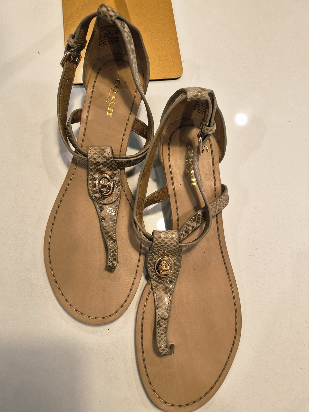 Coach Women’s Beige Snake-Print Leather T-Strap Sandals Size 8